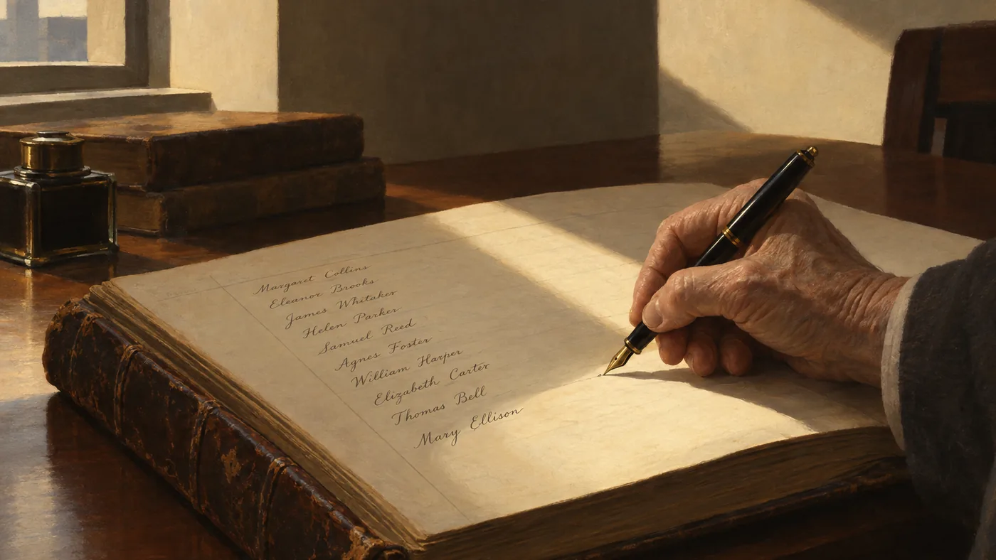 Painting in the manner of Edward Hopper: An elderly hand inscribing names in careful script into a worn leather registry on a sunlit desk.