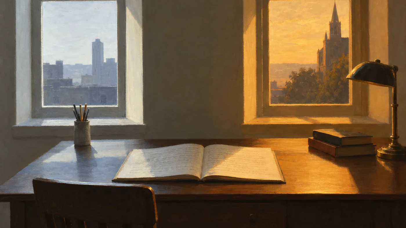 Painting in the manner of Edward Hopper: A writing desk between two windows pouring two different qualities of light, one pale and one golden, over the same manuscript.