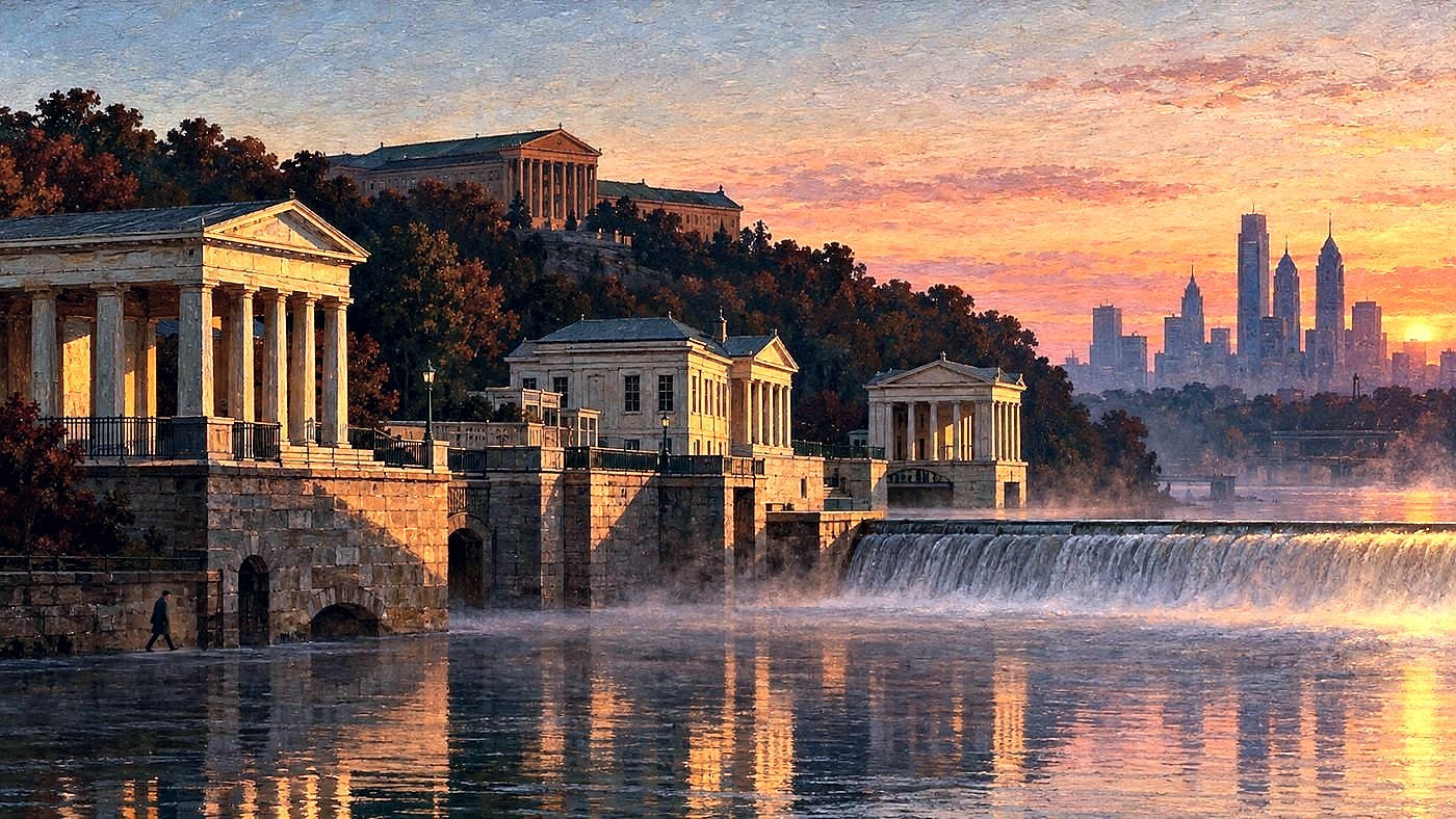 Painting in the style of Edward Hopper of the Fairmount Water Works on the Schuylkill River at sunrise, mist over the dam below the Philadelphia Museum of Art. A small figure walks along the water’s edge.