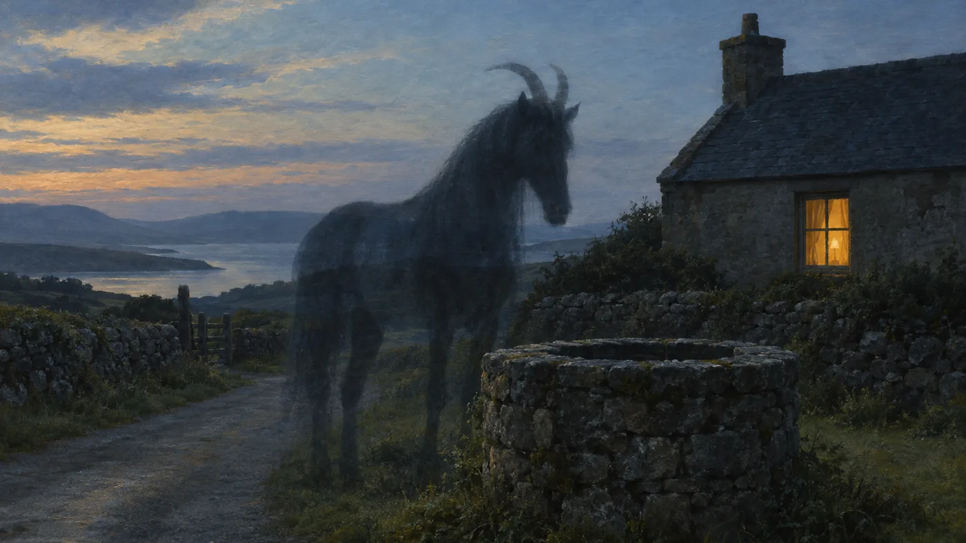 Painting in the manner of Edward Hopper: A shadowy phantom horse standing beside a stone well on a quiet Irish country lane at late dusk.