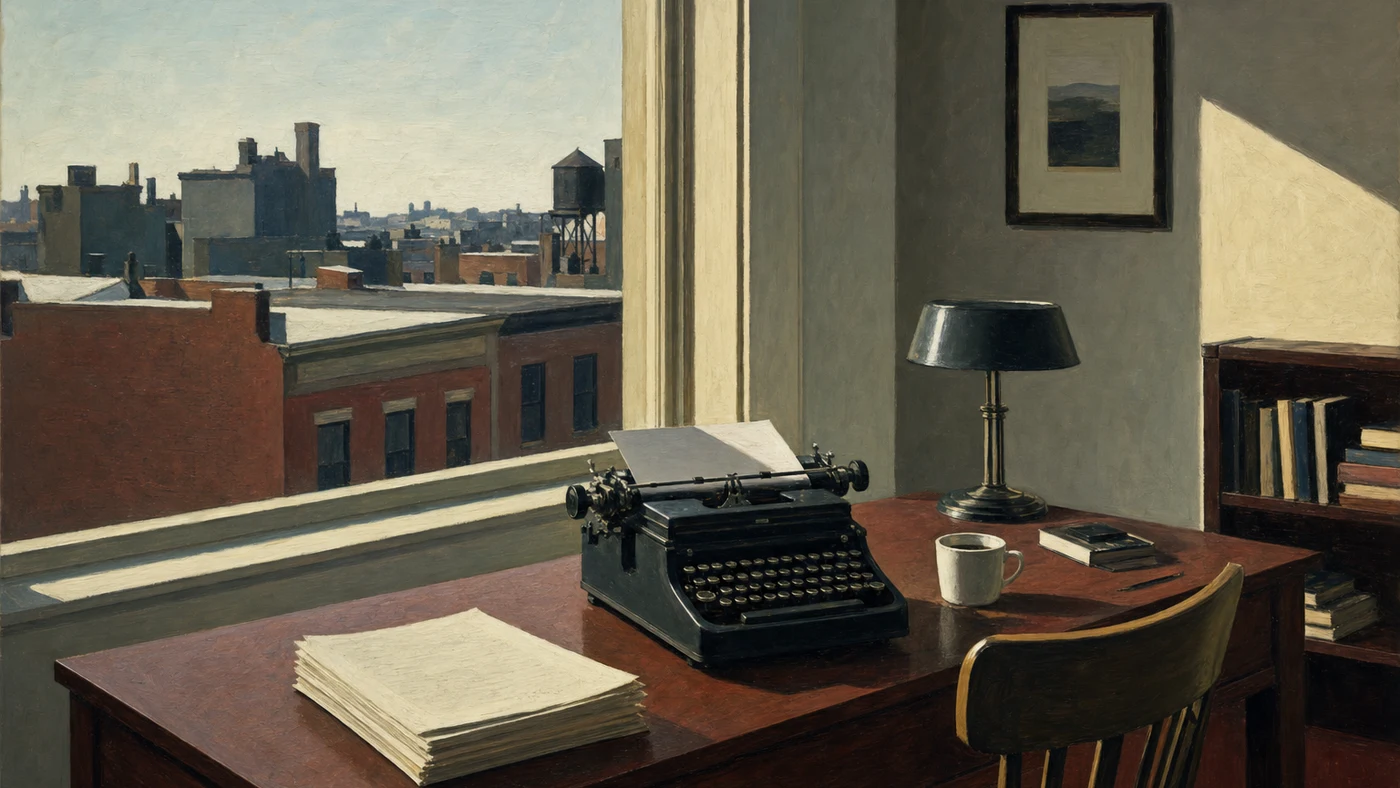 Painting in the style of Edward Hopper of a writer's study with a typewriter beside a window overlooking city rooftops