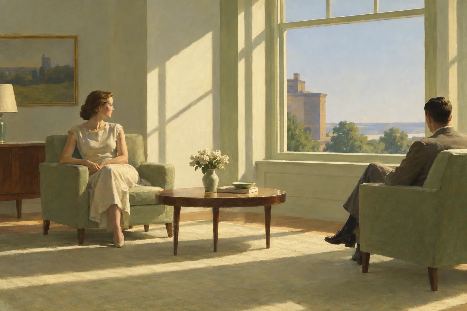 Painting in the manner of Edward Hopper: Two figures seated apart in a bright sunlit sitting room, morning light flooding through a large window.