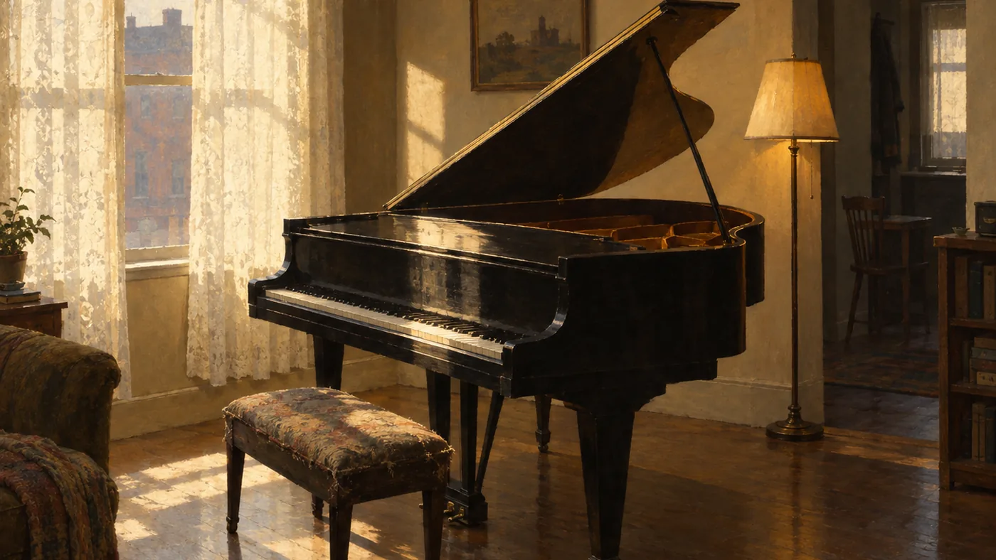 Painting in the manner of Edward Hopper: A grand piano in a modest parlor with pale afternoon light through lace curtains.