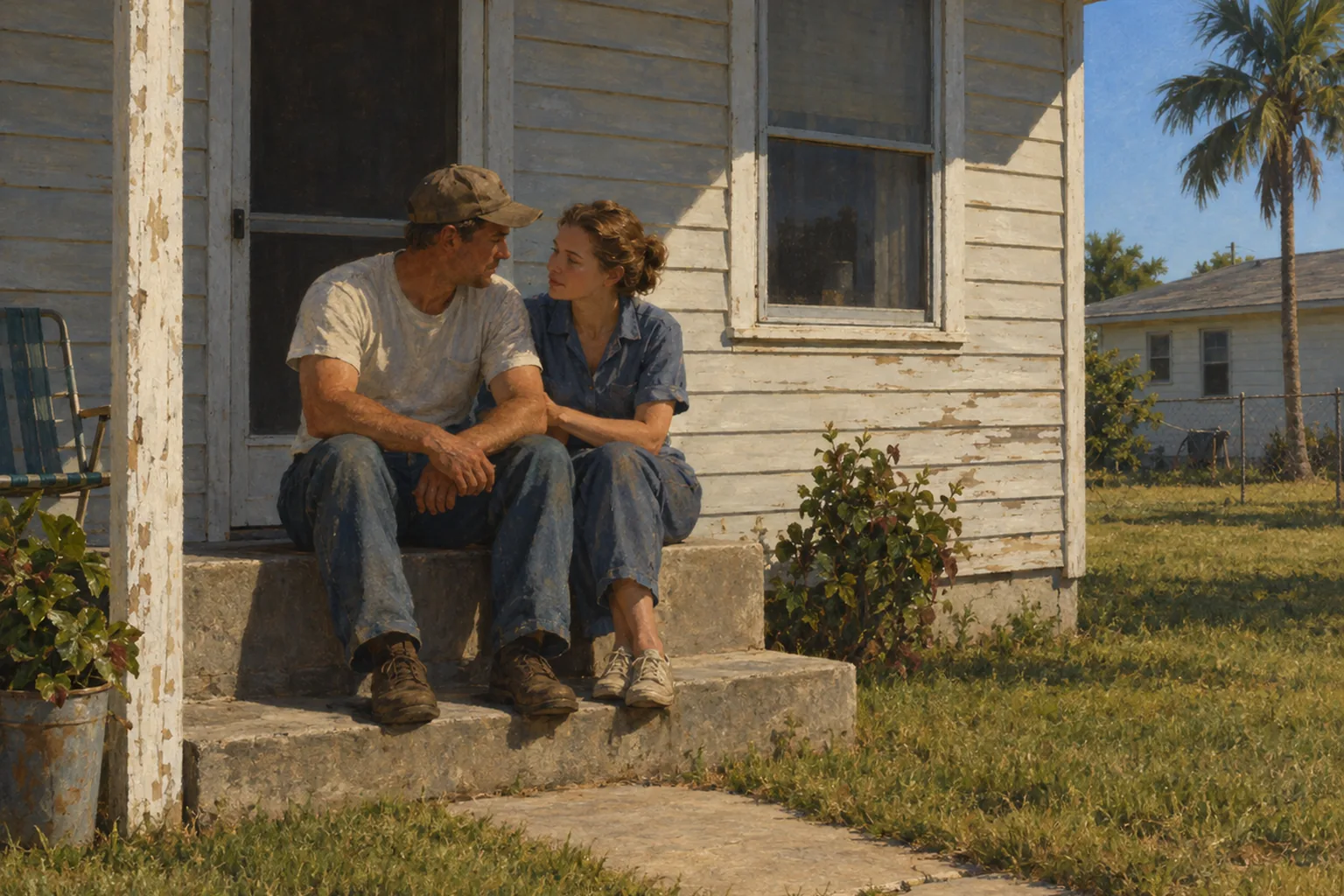 Painting in the manner of Edward Hopper: Two working people seated close together on the small concrete stoop of a weathered Florida bungalow in bright daylight.