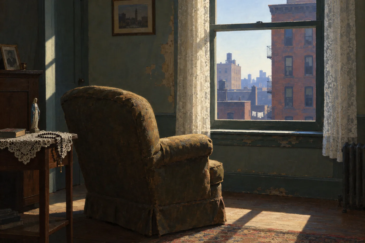 Painting in the manner of Edward Hopper: A worn armchair facing a window in a modest tenement parlor, a doily and rosary on the side table.