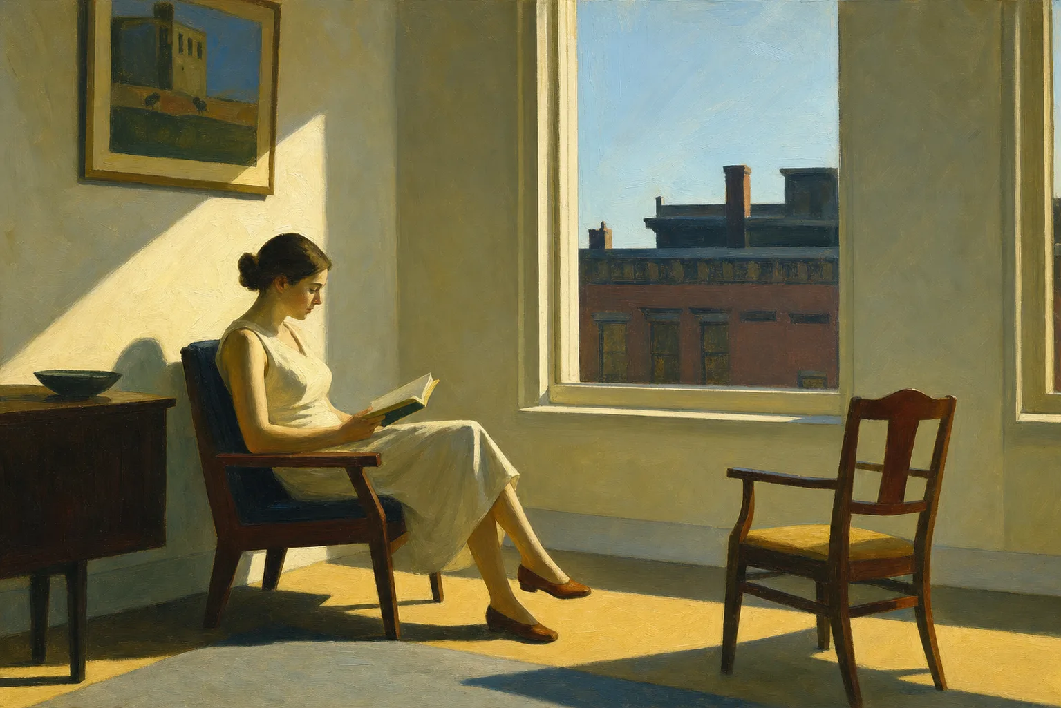 Painting in the style of Edward Hopper of an empty armchair and a lamp in a sunlit reading room