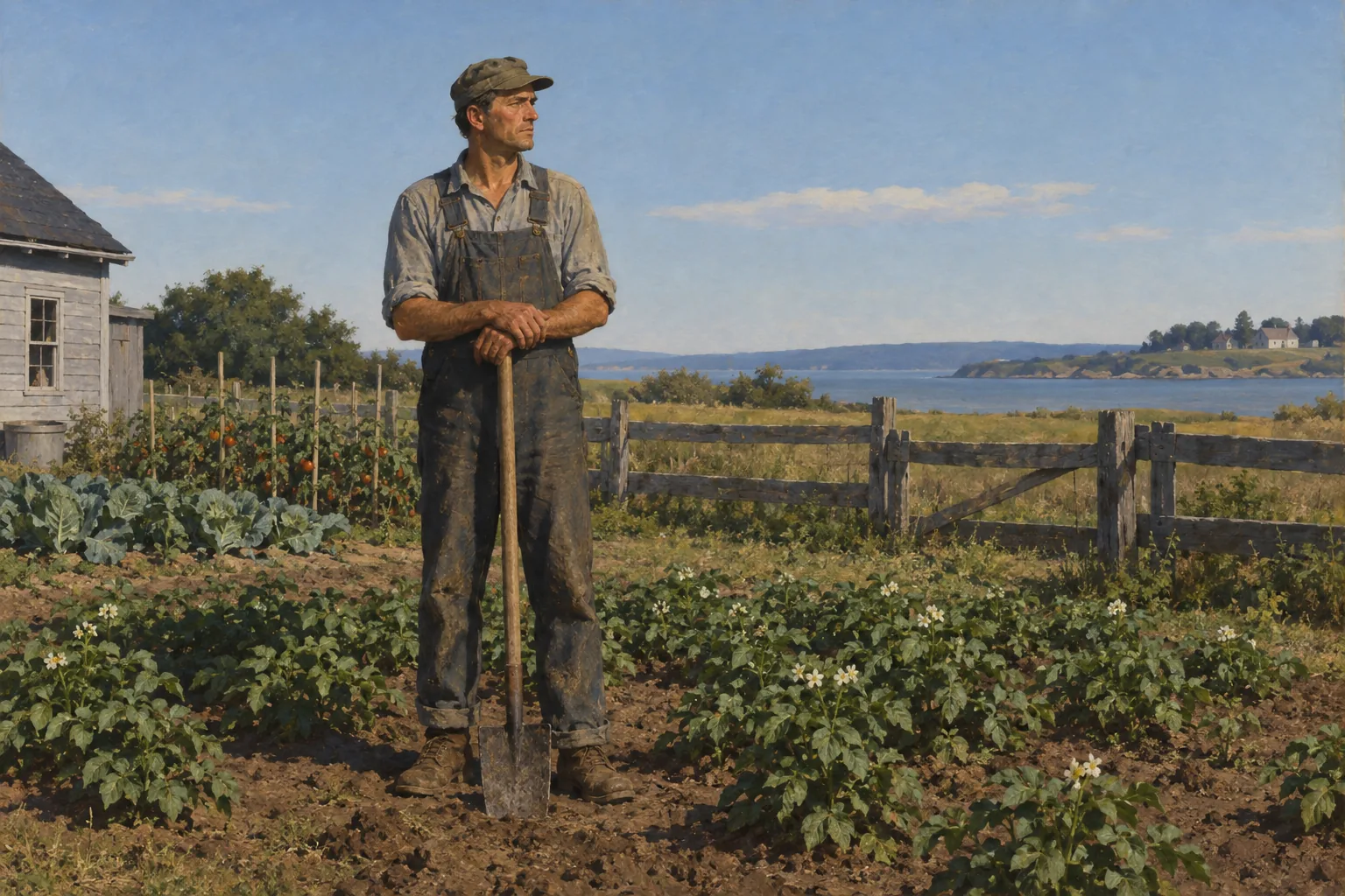 Painting in the manner of Edward Hopper: A weathered working man in worn clothes resting his hands on a spade in a modest potato patch.