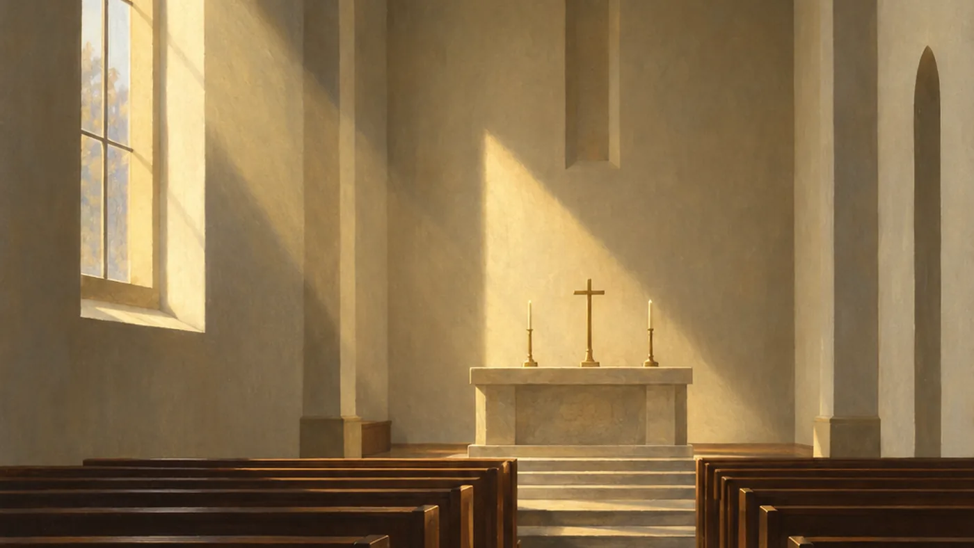 Painting in the manner of Edward Hopper: The interior of a spare church seen down the nave toward a plain altar, a shaft of light across empty pews.