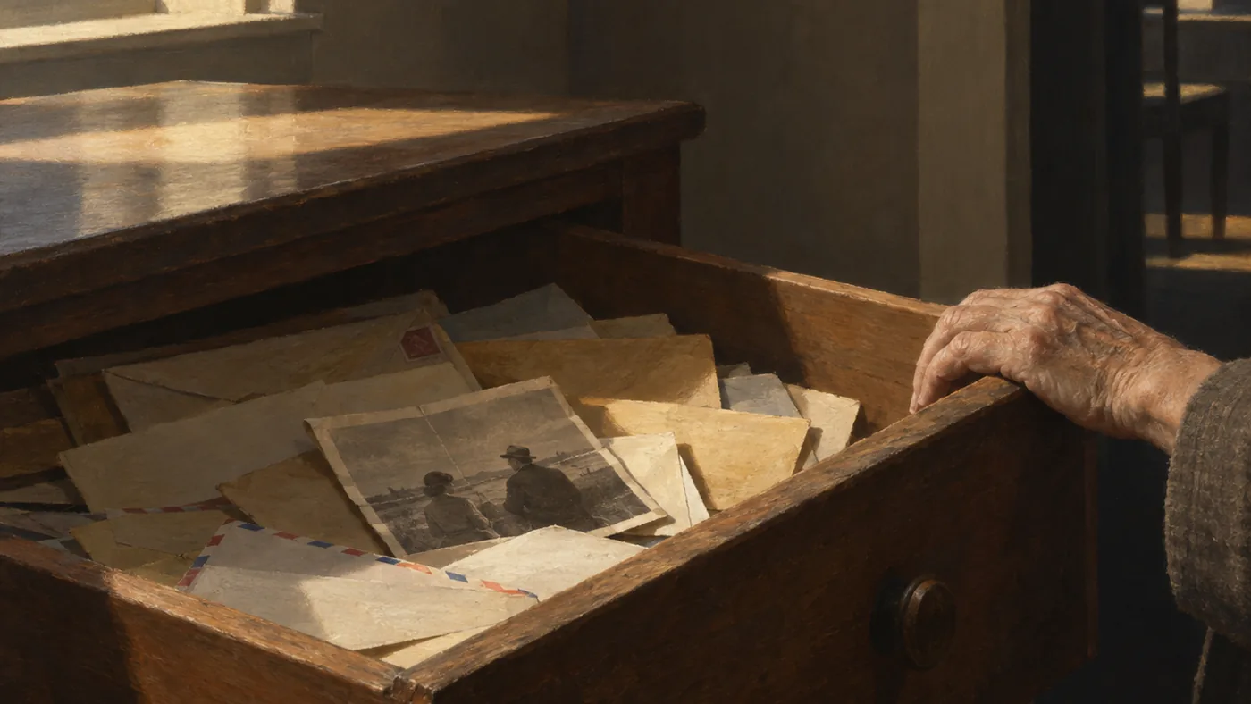 Painting in the manner of Edward Hopper: A worn wooden drawer open, full of old letters and a folded photograph.