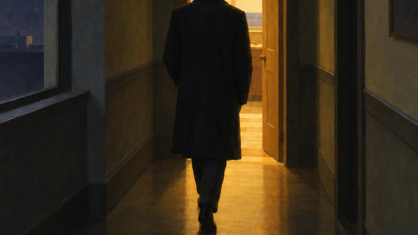 Painting in the manner of Edward Hopper: A man walking toward a single lit open door at the end of a dim hallway at dusk.