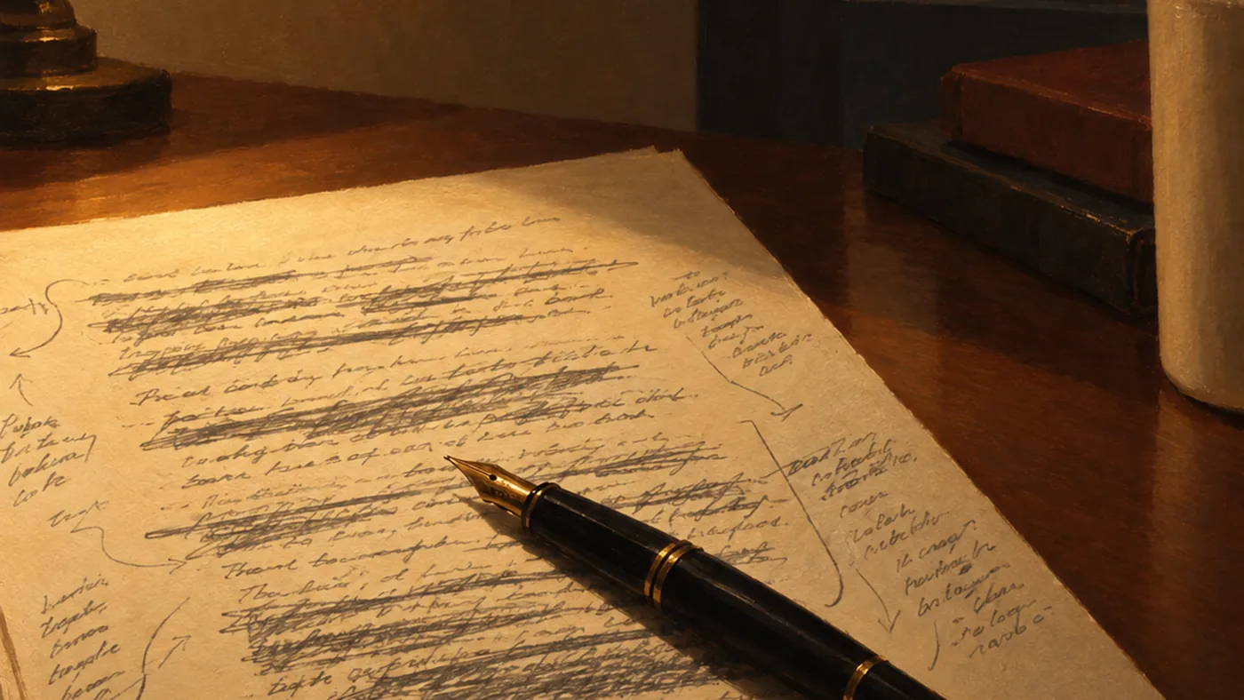 Painting in the manner of Edward Hopper: A manuscript page covered in pencil cross-outs with a pen laid across it in lamplight.