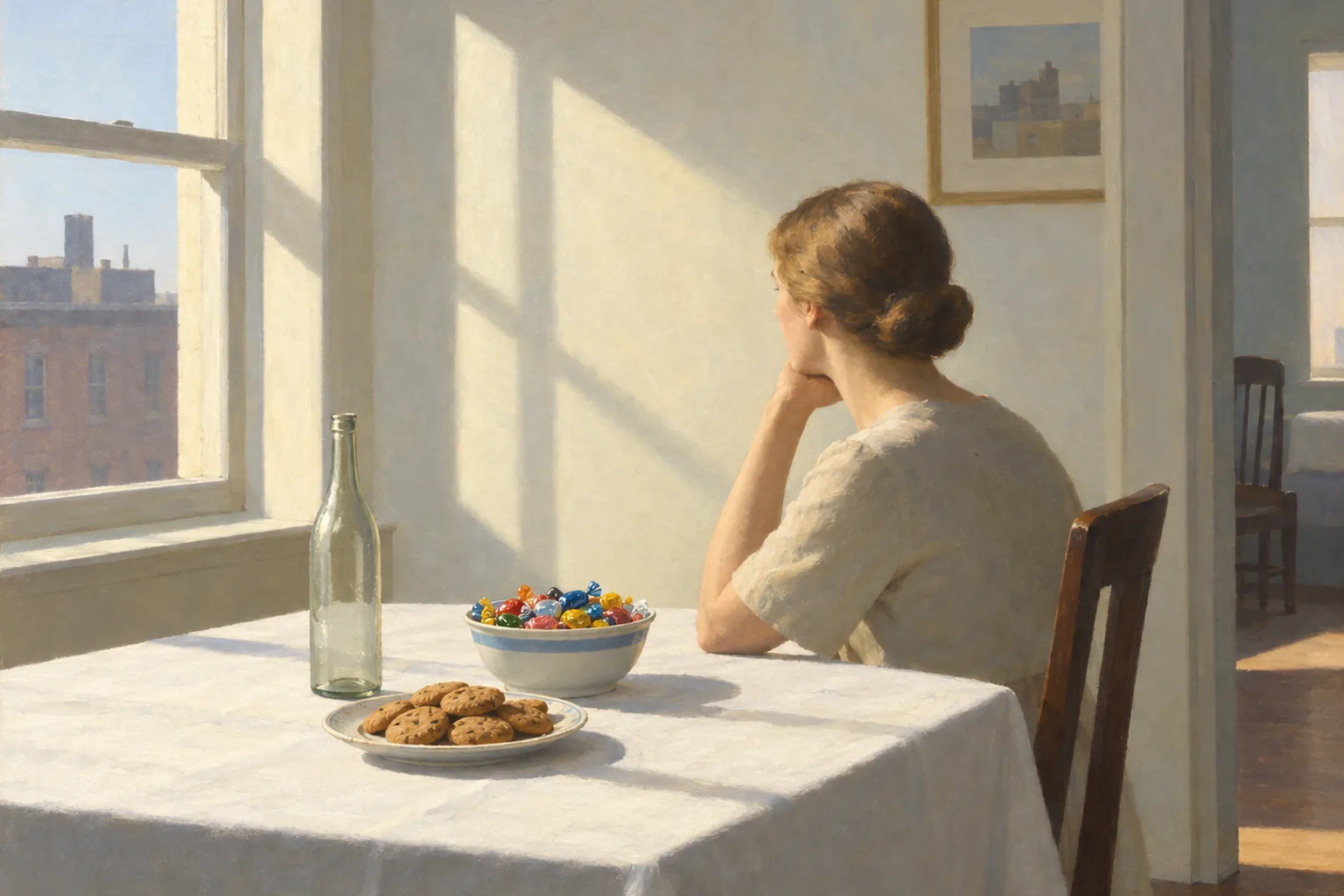 Painting in the manner of Edward Hopper: A dining table with a white cloth set with cookies, bright wrapped candies, and a bottle in soft morning light.