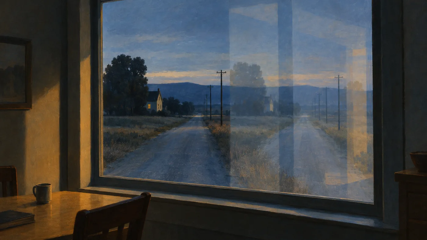 Painting in the manner of Edward Hopper: A pale-blue twilight window framing a country lane that appears faintly doubled, seen and foreseen at once.