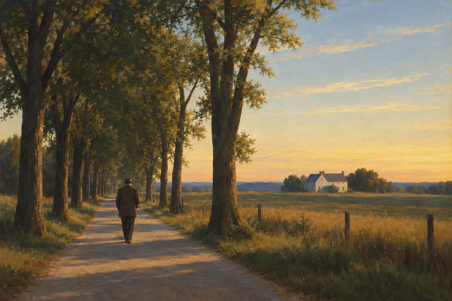 Painting in the manner of Edward Hopper: A solitary figure walking a tree-lined lane in pale luminous evening light, a distant farmhouse ahead.