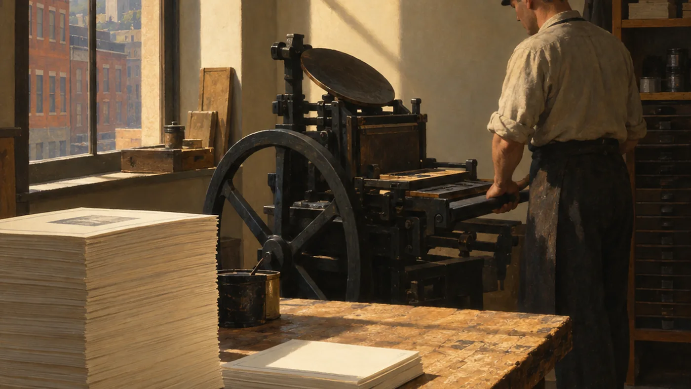 Painting in the manner of Edward Hopper: A hand-operated letterpress beside a stack of printed sheets in a small print shop in morning light.