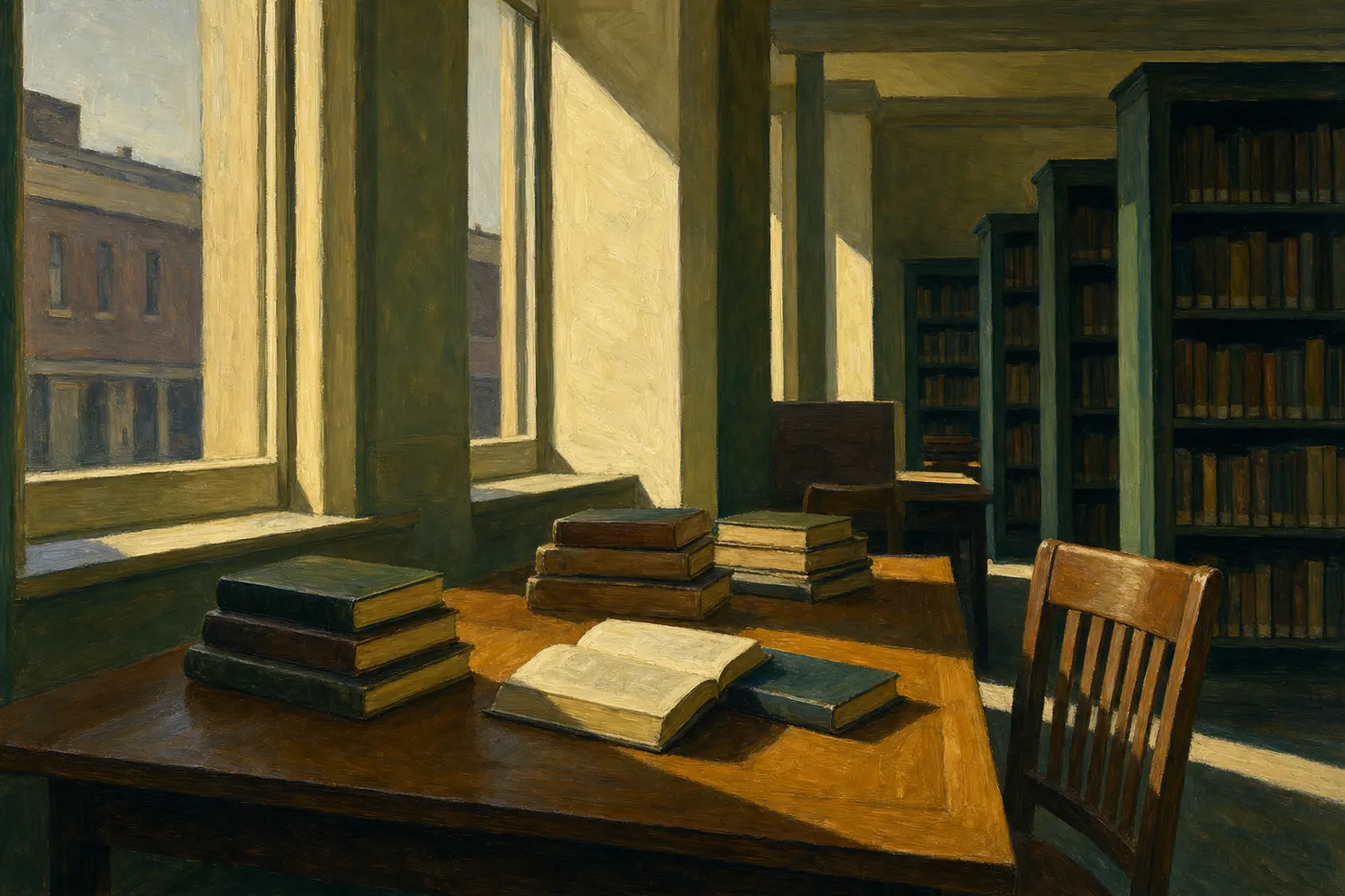 Painting in the style of Edward Hopper of a figure intent over a book near a lamp in an evening room