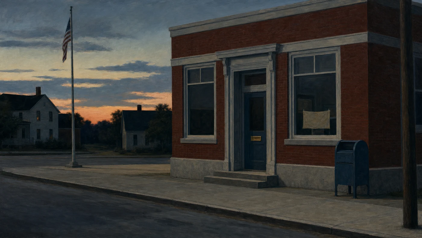 Painting in the style of Edward Hopper of a small-town post office with its lights off at dusk