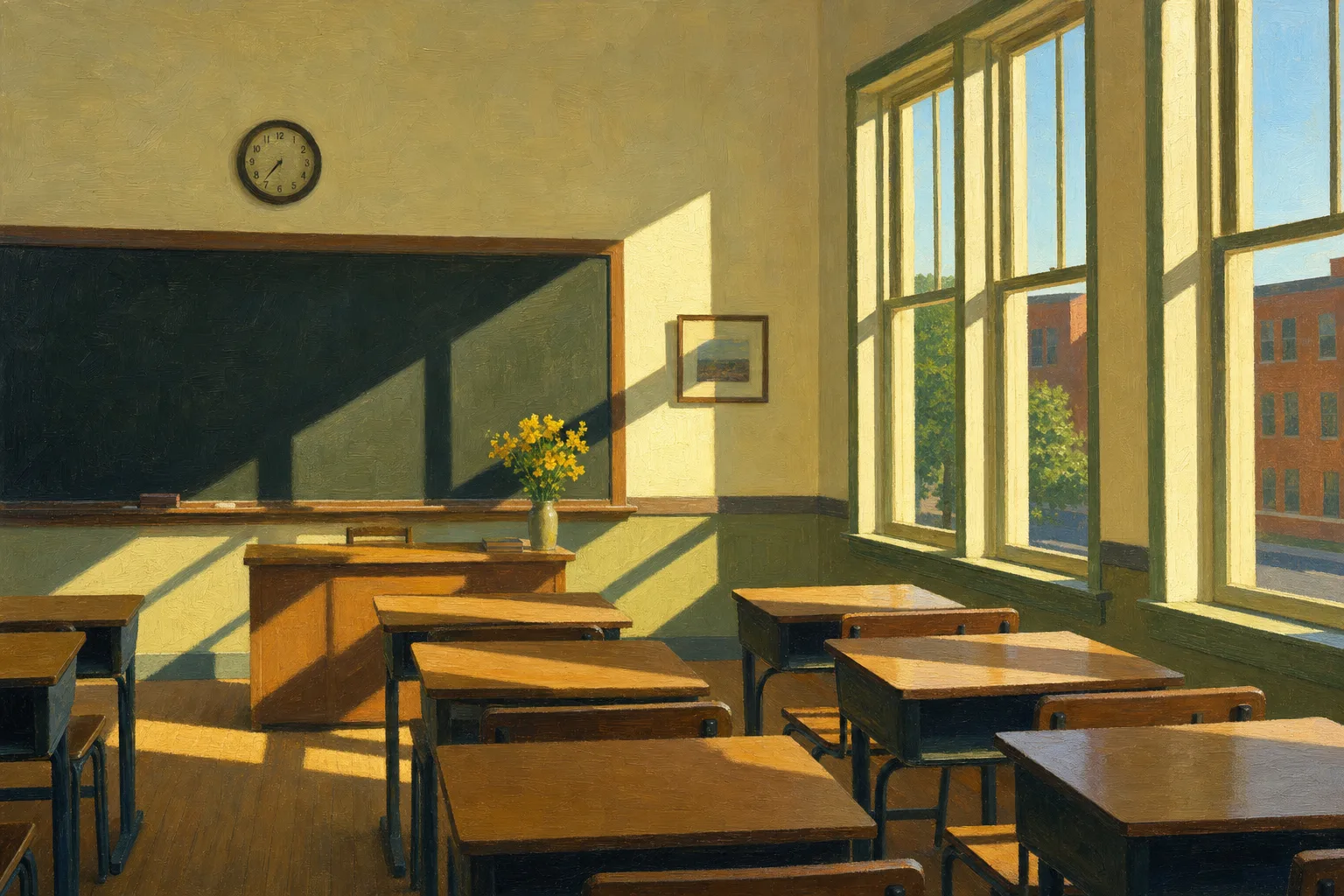 Painting in the manner of Edward Hopper: An empty sunlit classroom with morning light streaming through tall windows.