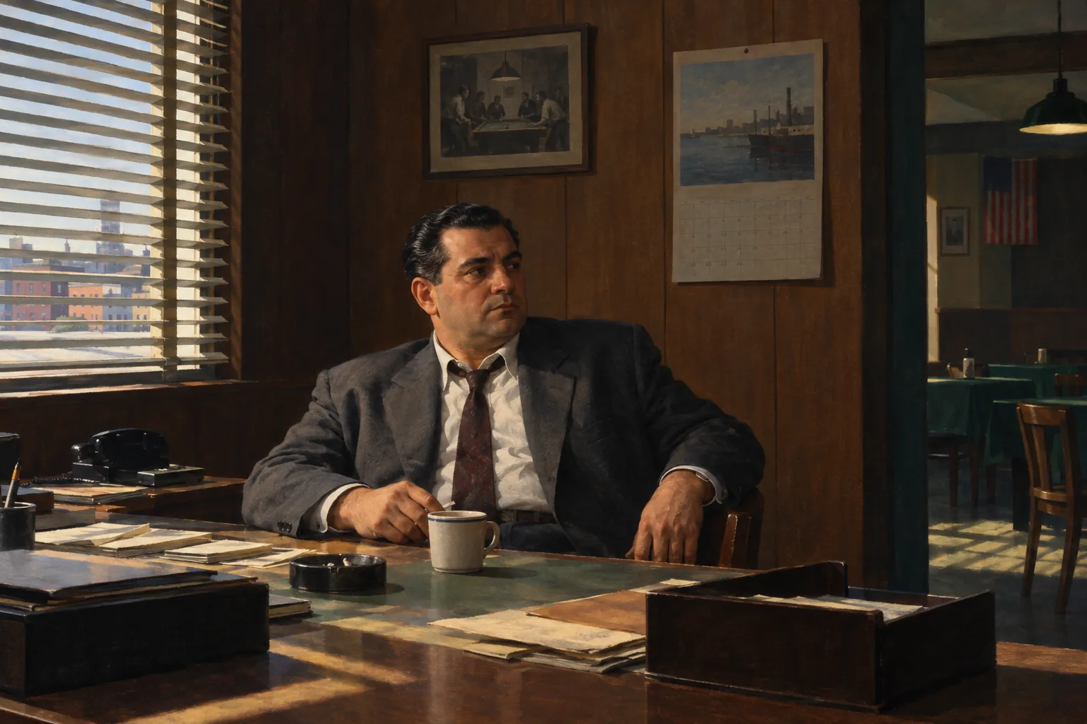 Painting in the manner of Edward Hopper: A stocky Italian-American man in a rumpled suit at a cluttered desk in the back room of a neighborhood social club.