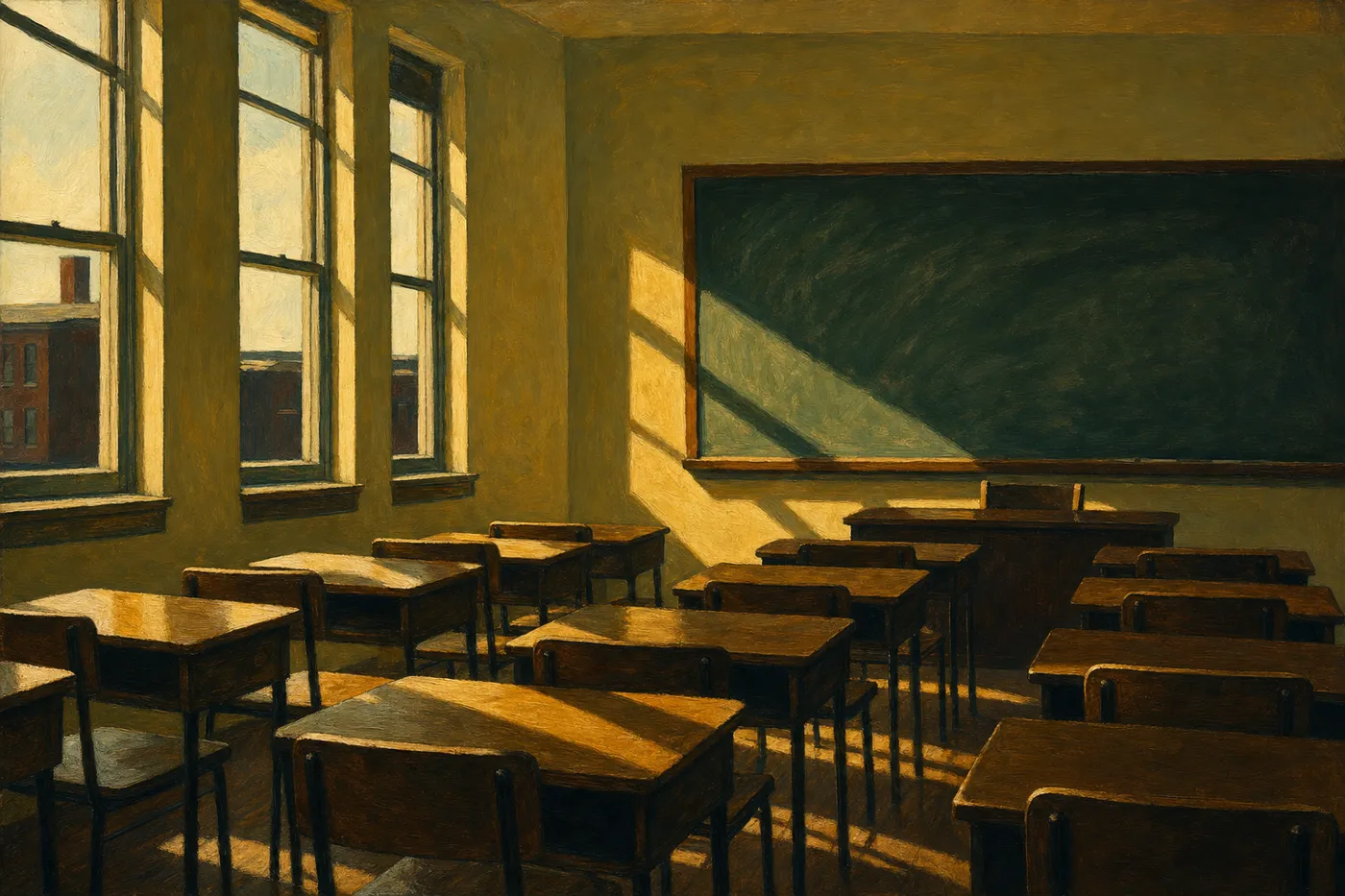 Painting in the style of Edward Hopper of an empty classroom with rows of wooden desks lit by late afternoon sun