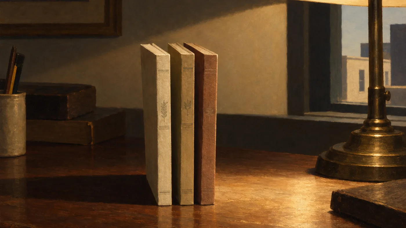 Painting in the manner of Edward Hopper: Three printed pages of the same story laid side by side beneath a warm reading lamp, each faintly different.