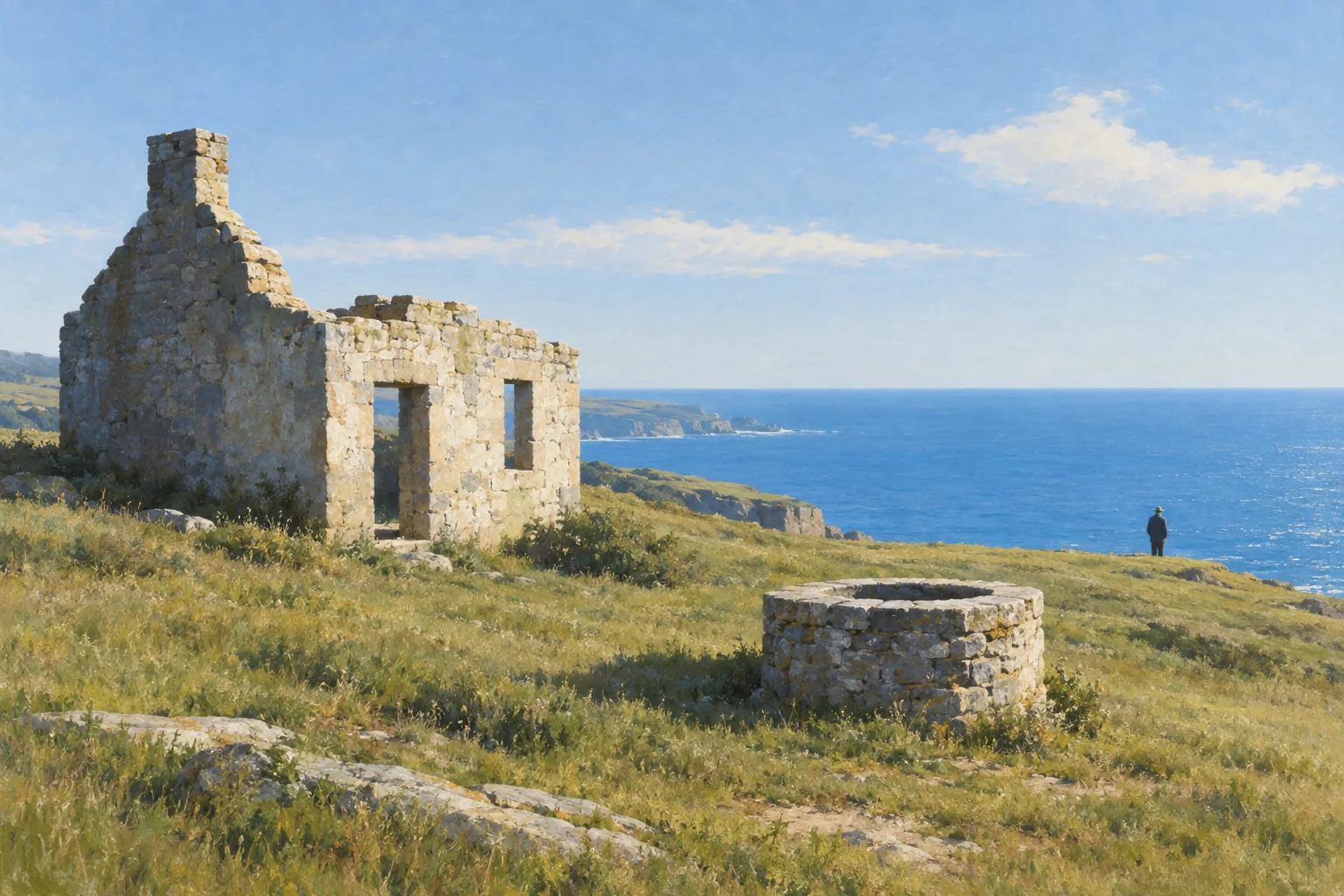 Painting in the manner of Edward Hopper: A small stone ruin and a holy well on a grassy coastal bluff above a bright blue sea in clear morning light.