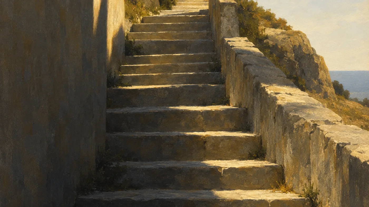 Painting in the manner of Edward Hopper: An outdoor staircase of worn stone climbing a hill, its steps unevenly lit by morning sun.