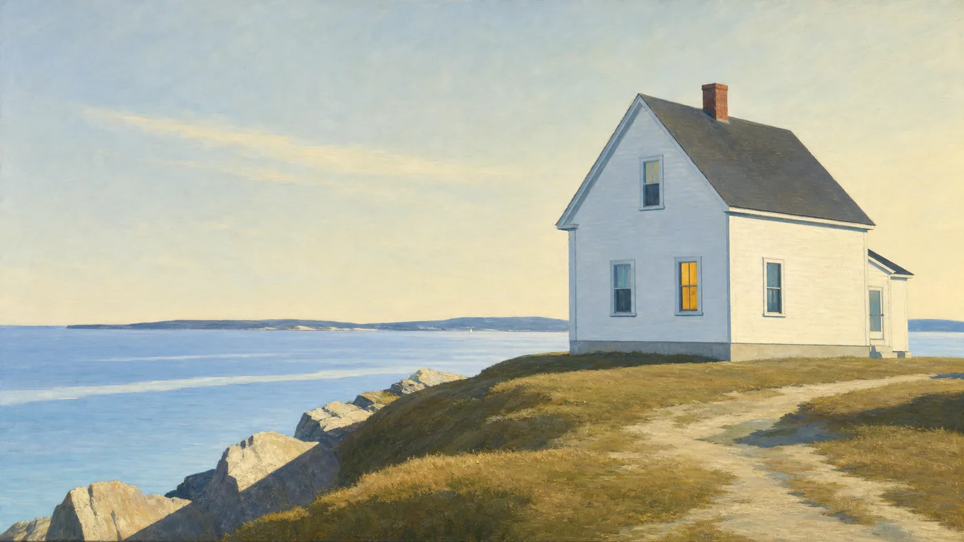 Painting in the manner of Edward Hopper: A lone whitewashed cottage glowing on a dark Irish coastal headland at dusk.