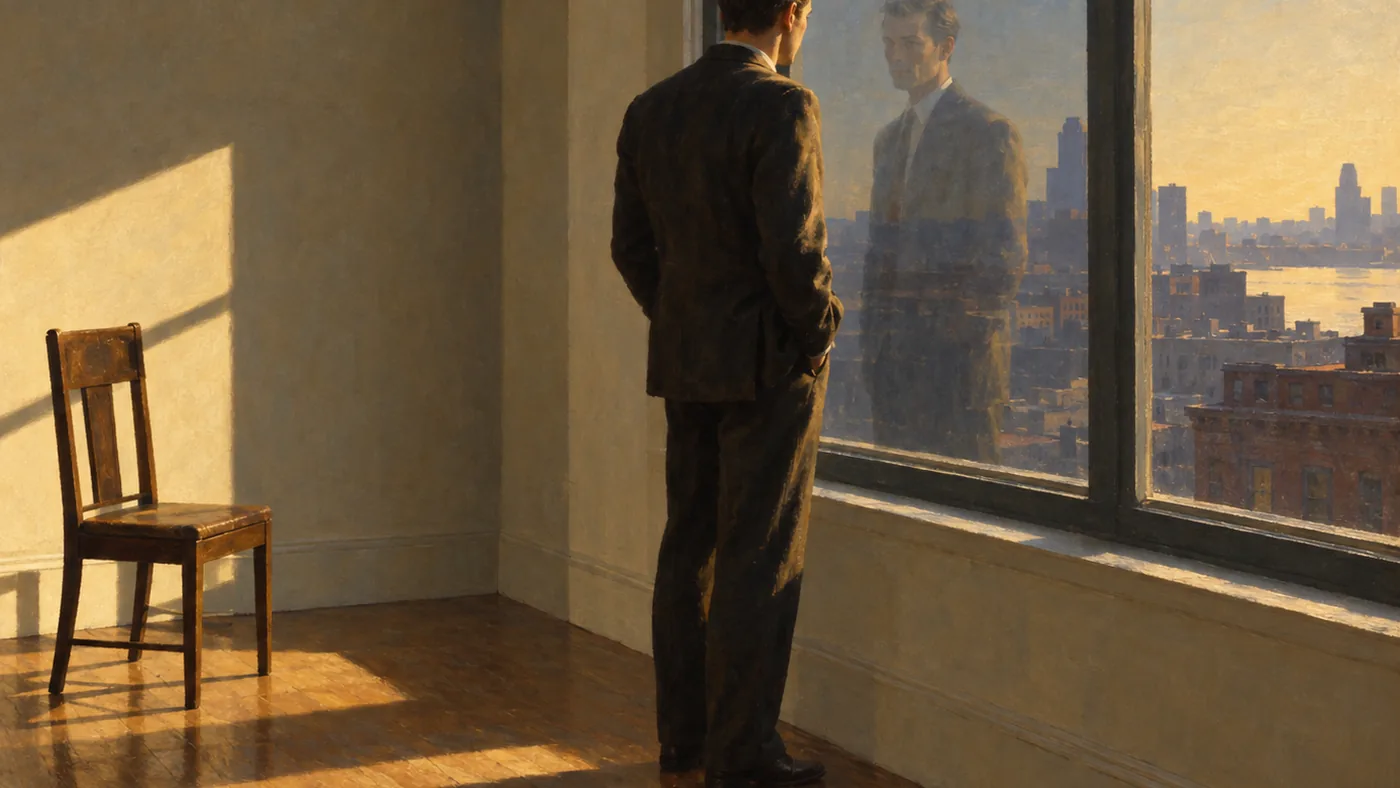 Painting in the manner of Edward Hopper: A man at a window whose reflection shows a second, subtly different figure gazing back.