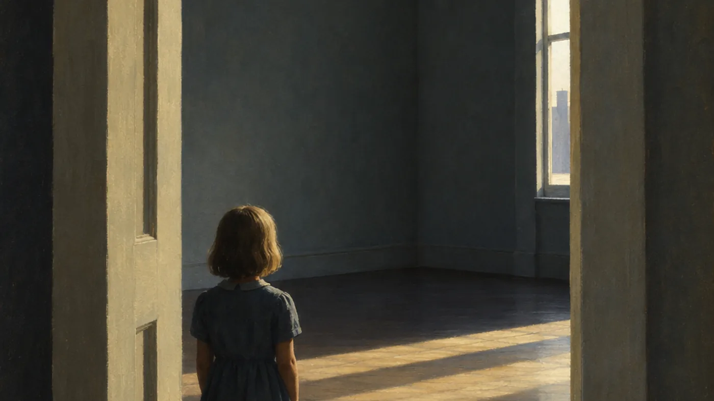 Painting in the manner of Edward Hopper: A small child seen from behind standing in an oversized doorway looking into a dim room.