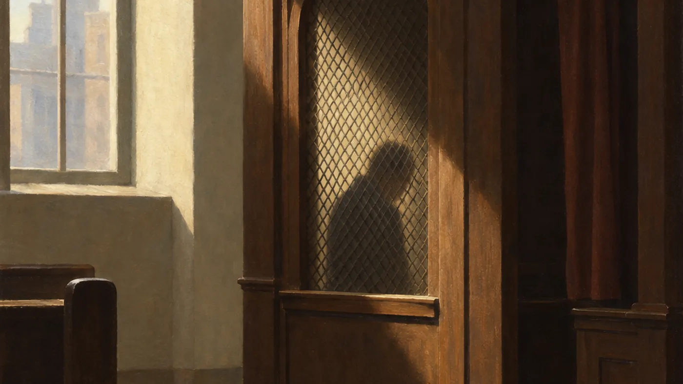 Painting in the manner of Edward Hopper: The interior of a wooden church confessional in dim light, a grille screen and a faint kneeling silhouette.