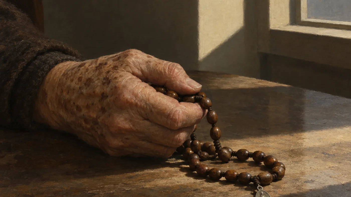 Painting in the manner of Edward Hopper: An elderly hand holding a wooden rosary with beads worn smooth at the decades.