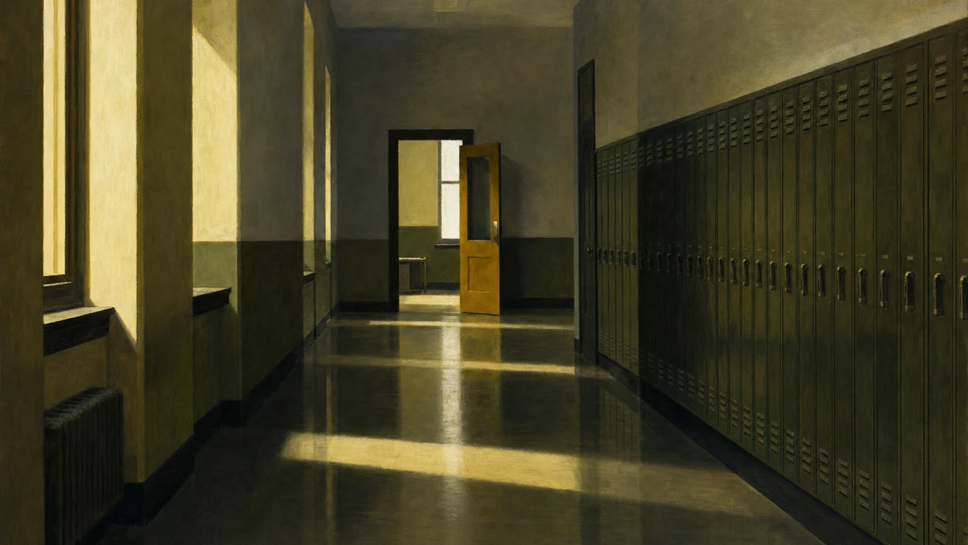 Painting in the manner of Edward Hopper: An empty school hallway with long afternoon light and rows of lockers.