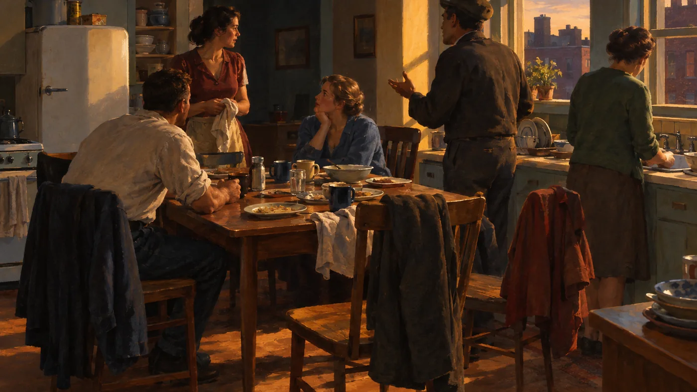 Painting in the manner of Edward Hopper: A working-class kitchen in lively disarray with several people mid-conversation in warm evening light.