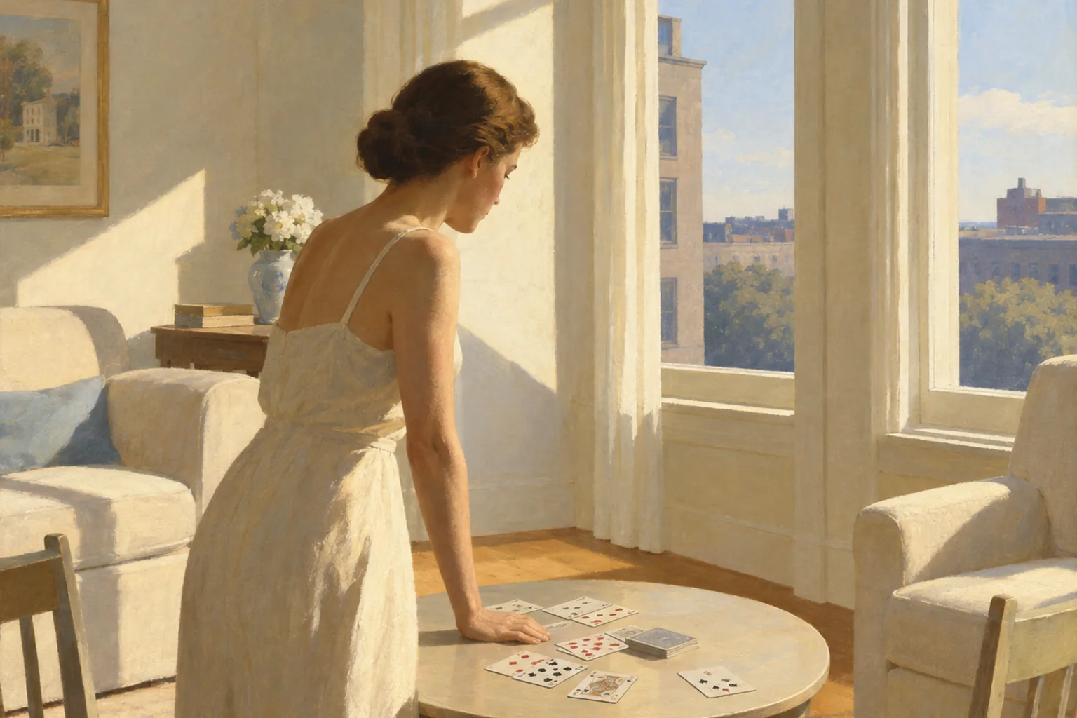 Painting in the manner of Edward Hopper: A woman in a light sunlit parlor leaning over a round table laid with playing cards, soft daylight through tall windows.