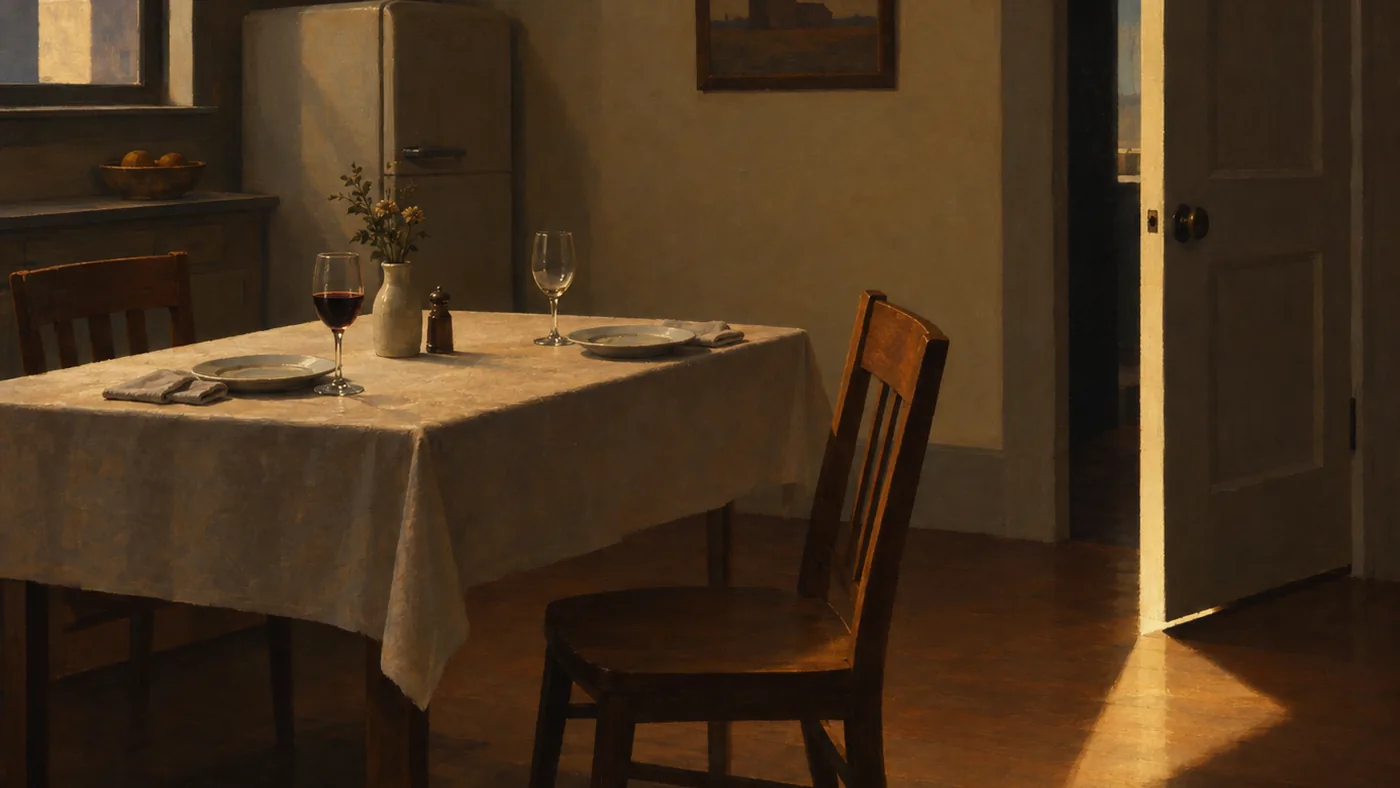 Painting in the manner of Edward Hopper: A kitchen table set for two with one glass half-empty and a chair askew, a door ajar.