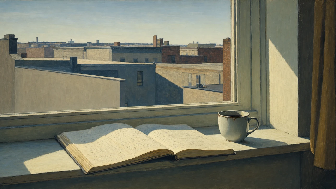 Painting in the style of Edward Hopper of an open handwritten notebook on a windowsill with morning light over city rooftops