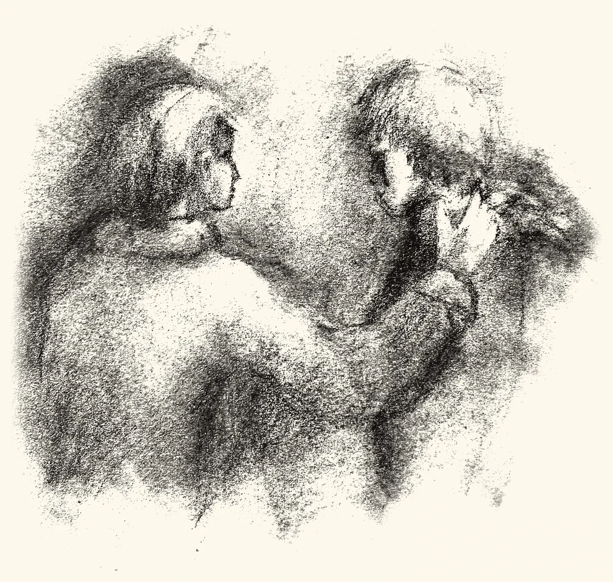 Two figures leaning close together in dark charcoal.