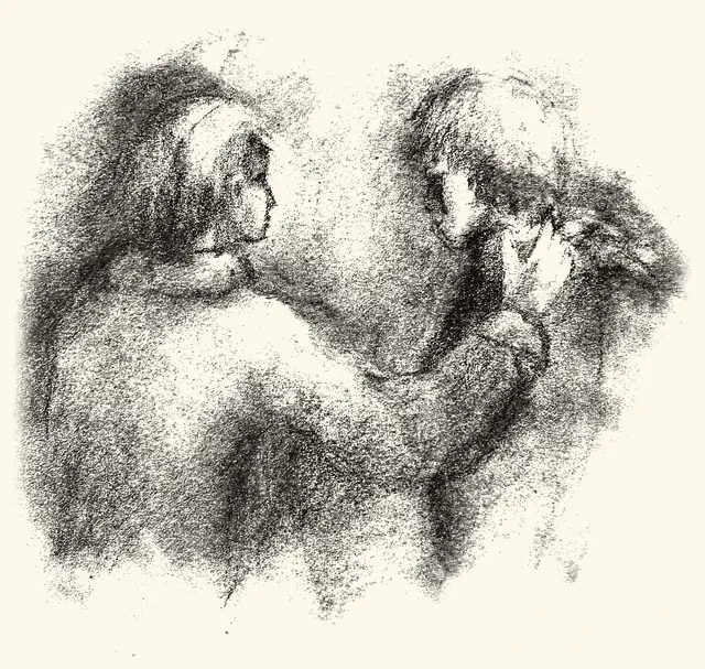 Two figures leaning close together in dark charcoal.