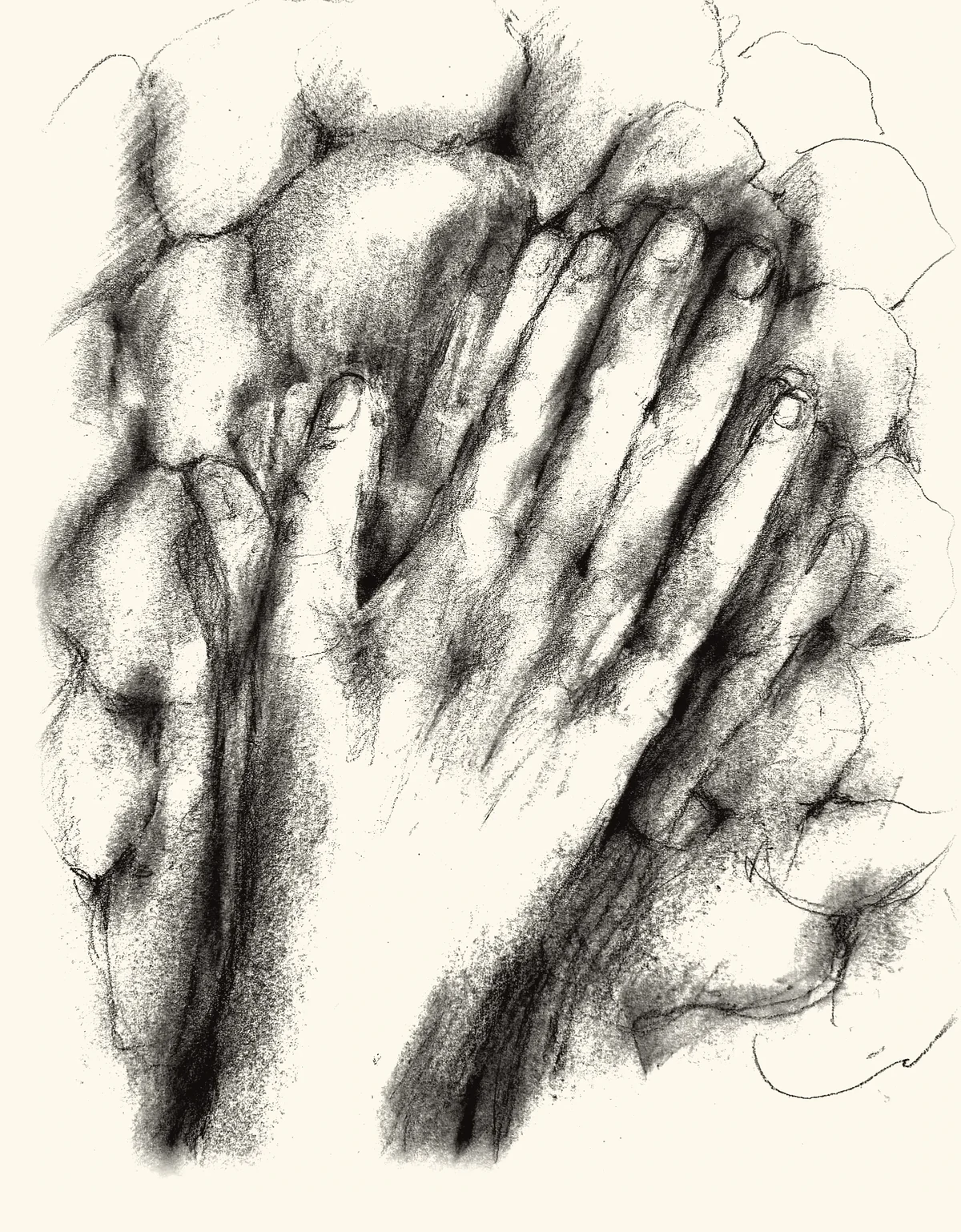 Two hands pressed flat against a wall of fieldstone.