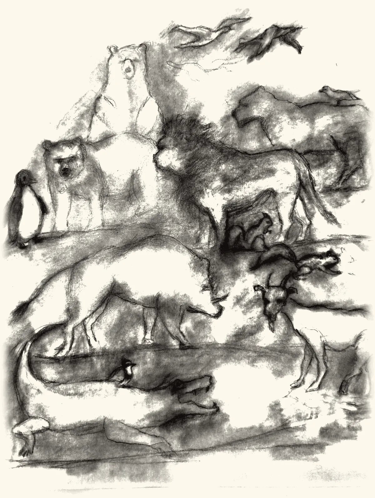Lions, bears, goats, penguins and birds gathered together.