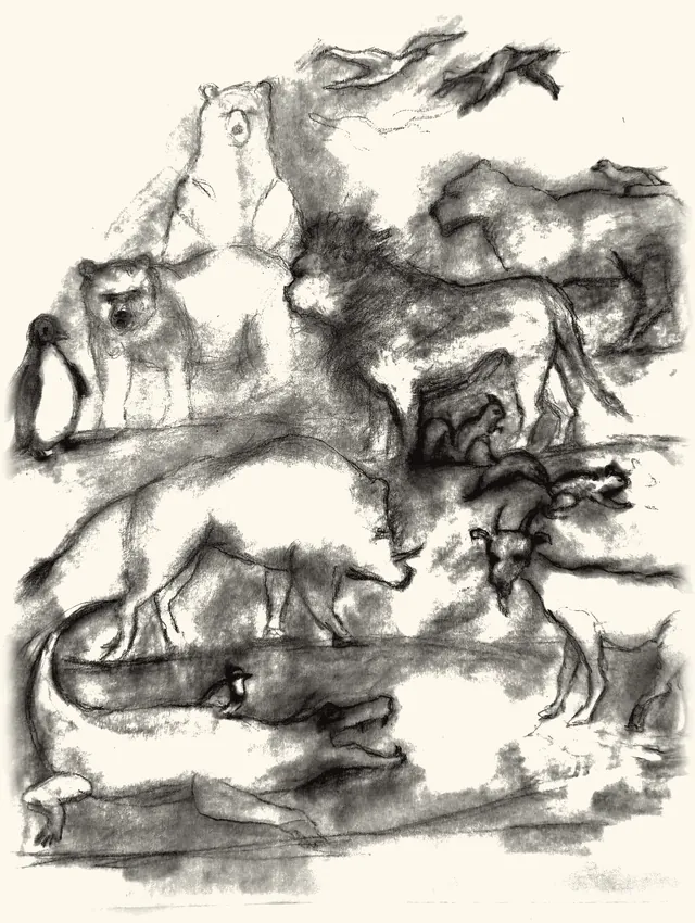 Lions, bears, goats, penguins and birds gathered together.