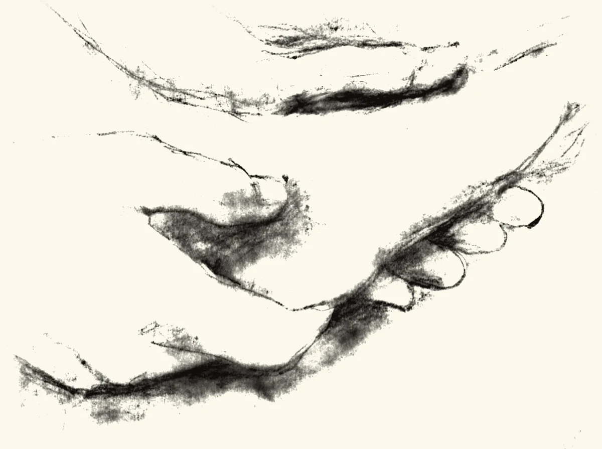 One hand reaching toward another that opens to receive it.
