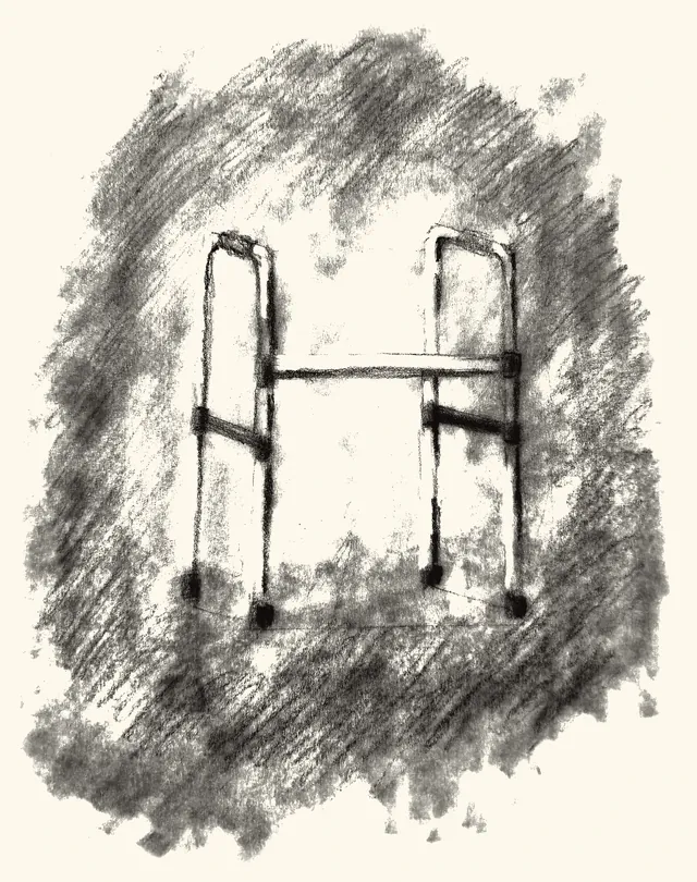 A walker standing alone in a pool of hatched light.