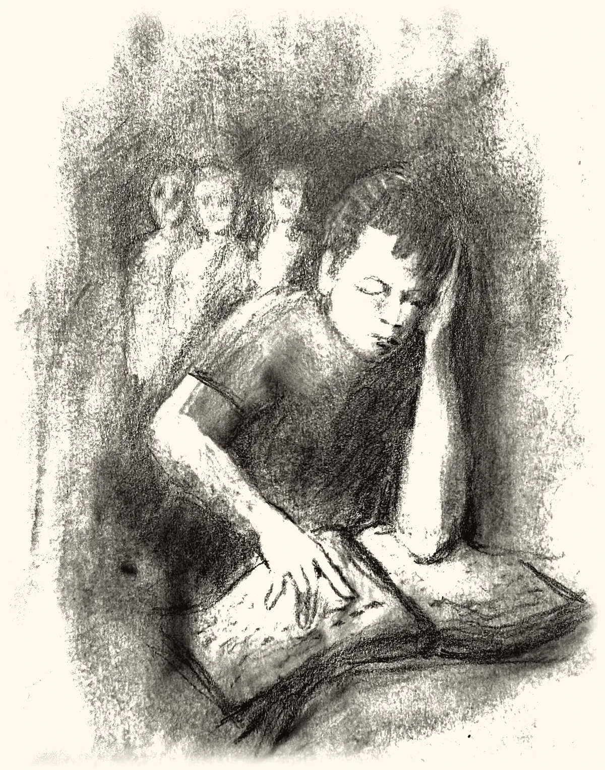 A boy bent over a book while classmates watch from behind.
