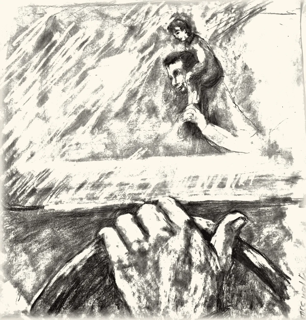 Hands on a steering wheel; beyond the windshield, a father carries his son on his shoulders.
