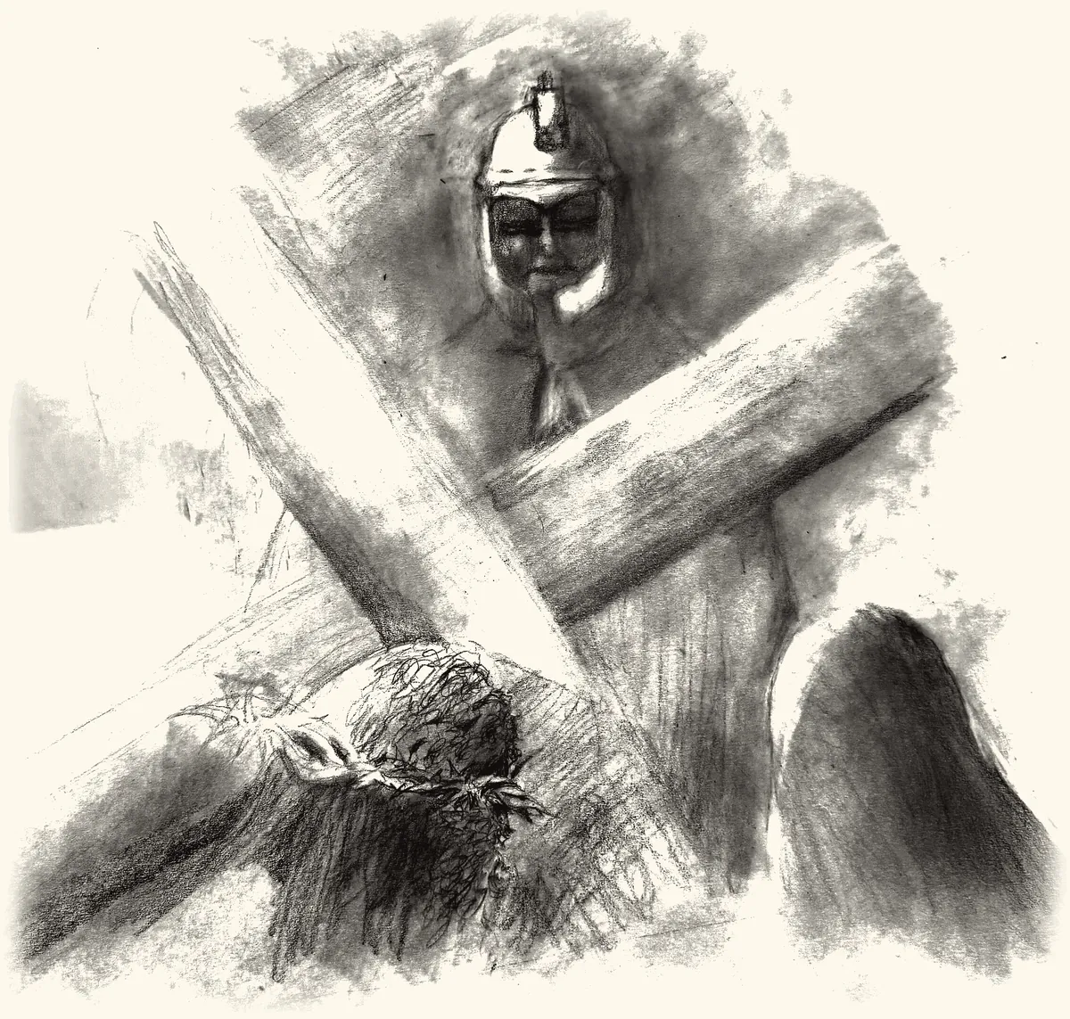 A helmeted guard stands behind Jesus as he bears the cross.