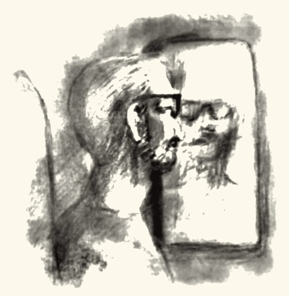 A bearded man in glasses beside his reflection in an airplane window.