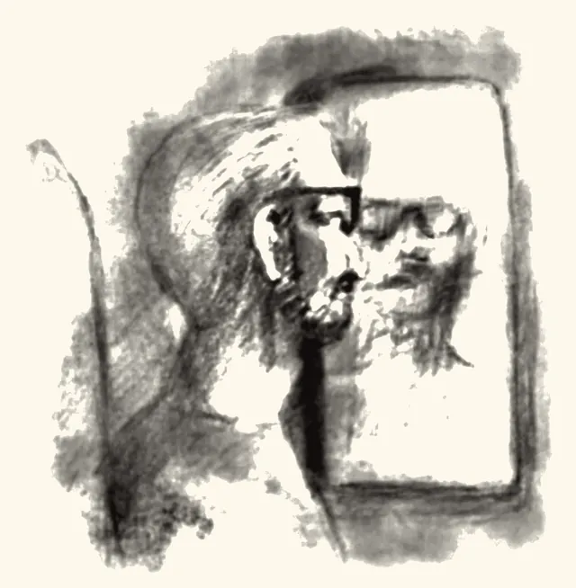 A bearded man in glasses beside his reflection in an airplane window.