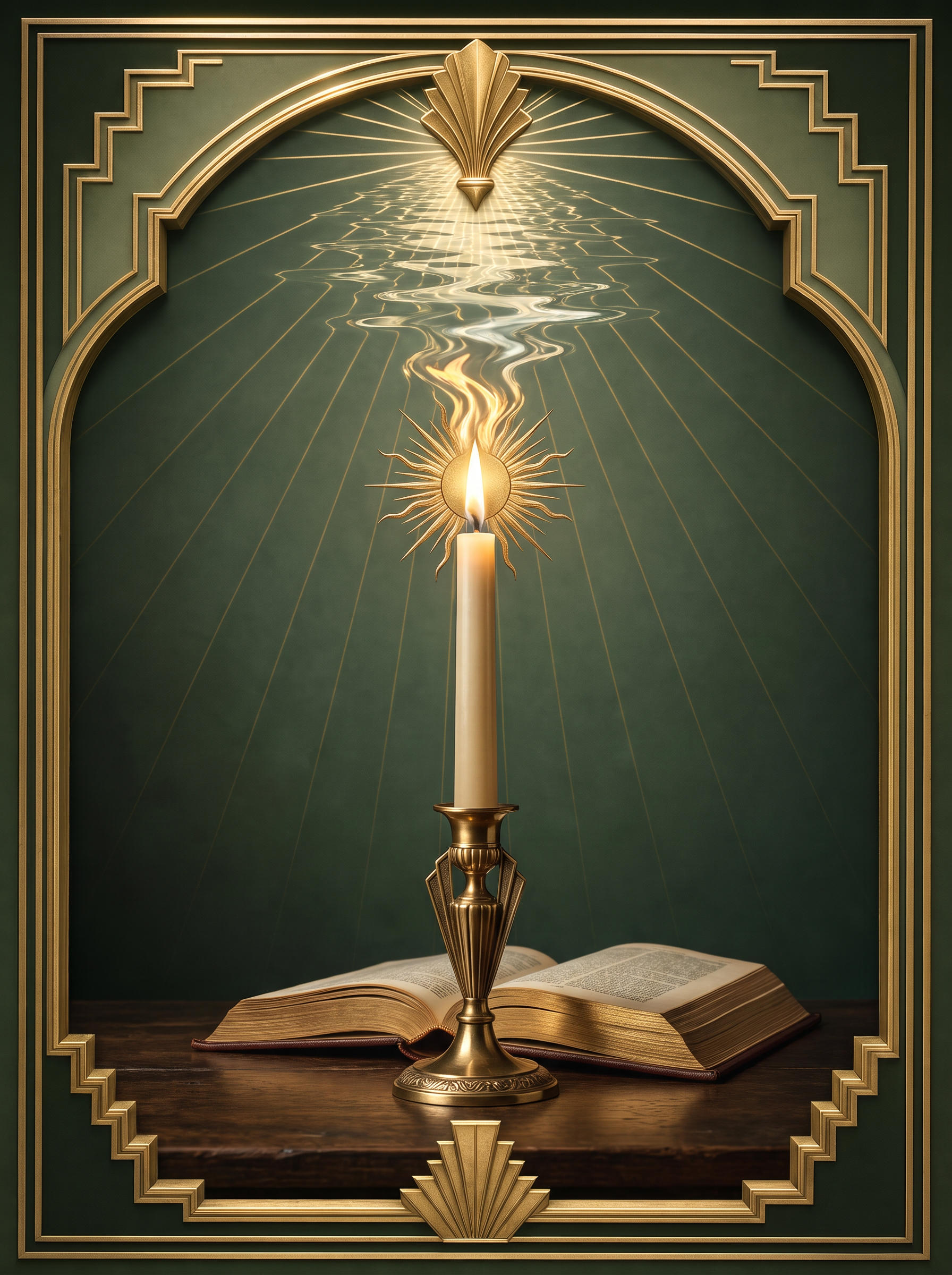 Art Deco still life: a lit taper candle beside an open leather-bound book, its flame dissolving upward into rippling water light, framed by a gilded Art Deco arch on a hunter-green ground.